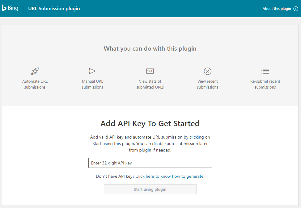 Bing URL Submission plugin Add API Key